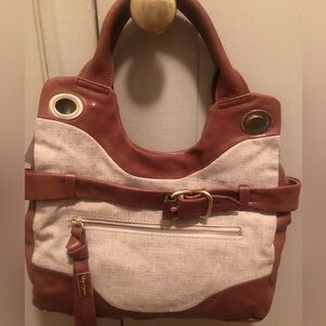 NWT Stylish Foley + Corrina Tan Canvas Handbag w/ Brown Leather Trim and Belt